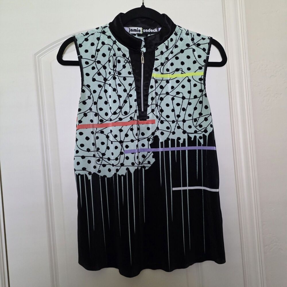 Jamie Sadock Top Womens M Sleeveless 1/4 Zip Mint Black Golf Polka Dot